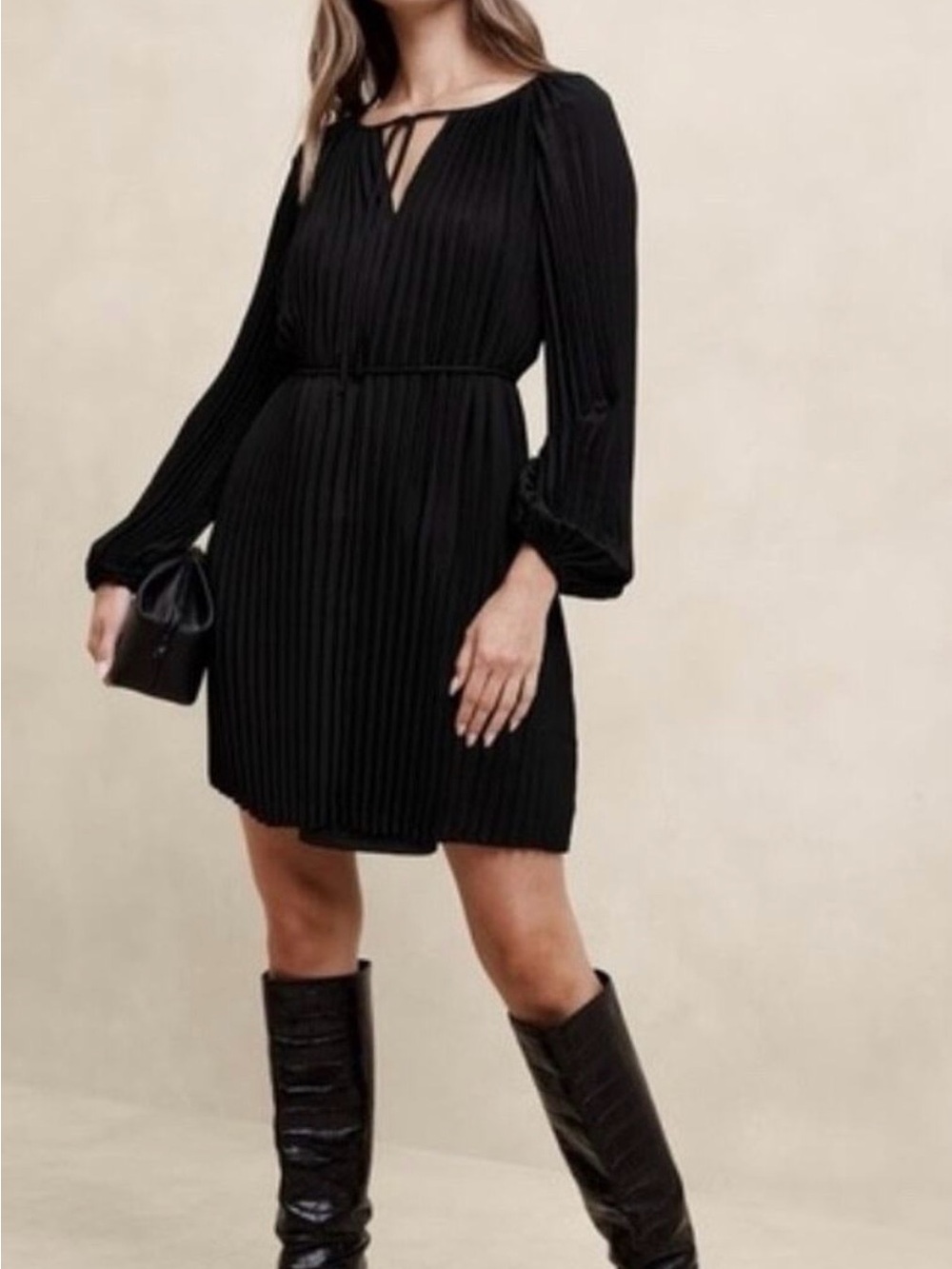 Banana Republic Black Pleated Long-Sleeve Mini Dress